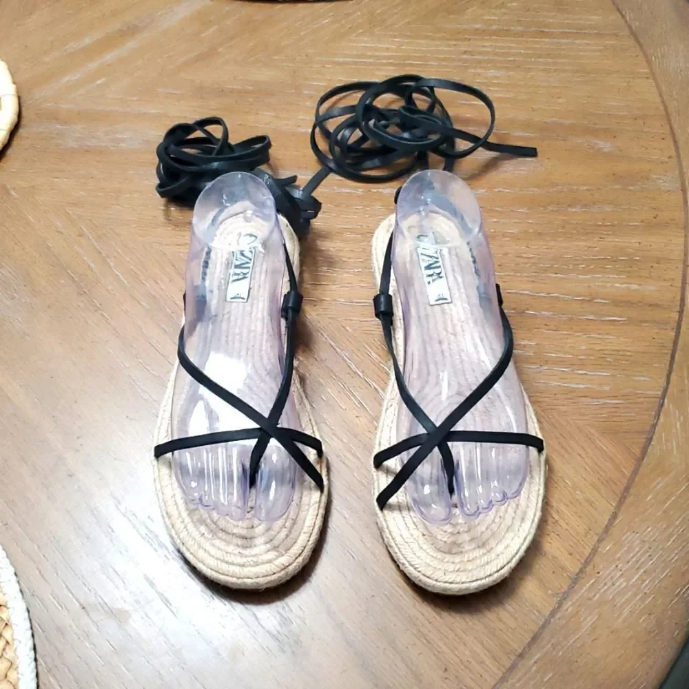 NWOT Zara Lace Up Tied Leather Jute Leather Black Sandals Size 41 - Picture 7 of 8